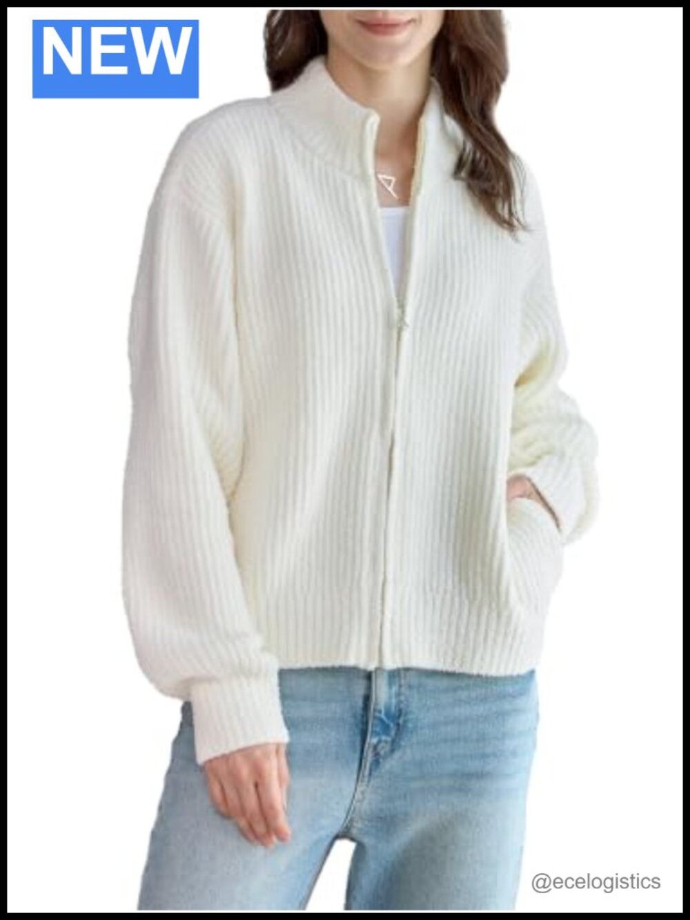 Women's Zip Up Cardigan Mock Neck Knit Sweater with Pockets Microfiber